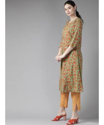 Green Floral Printed A-Line Kurta 1