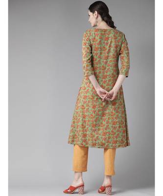 Green Floral Printed A-Line Kurta 2