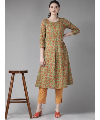 Green Floral Printed A-Line Kurta 3