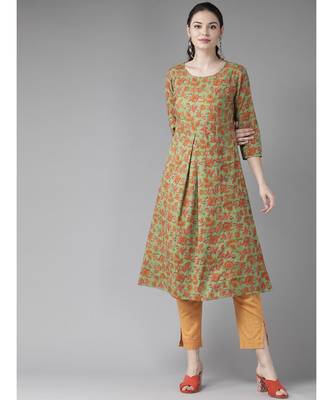 Green Floral Printed A-Line Kurta 4