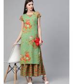 Green & Orange Floral Printed Double Layered Maxi Dress