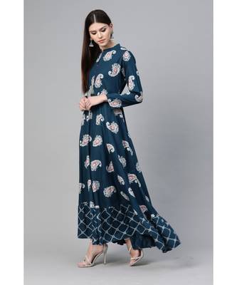 Blue & White Floral Printed Flared Maxi 3
