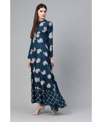 Blue & White Floral Printed Flared Maxi 4