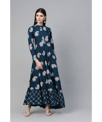 Blue & White Floral Printed Flared Maxi 5