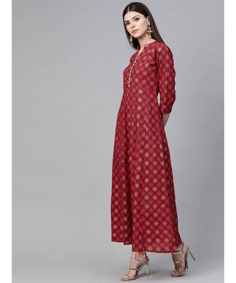 Maroon & Gold Printed Flared Maxi Dress 1