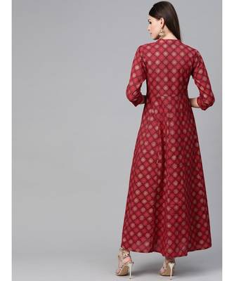 Maroon & Gold Printed Flared Maxi Dress 2