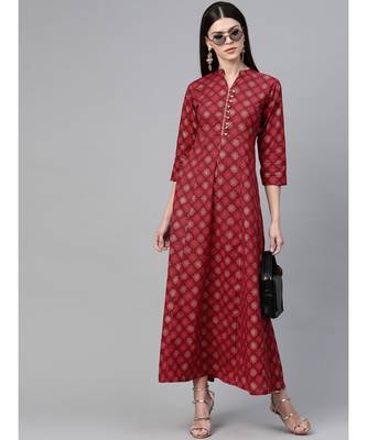 Maroon & Gold Printed Flared Maxi Dress 3