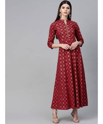 Maroon & Gold Printed Flared Maxi Dress 4