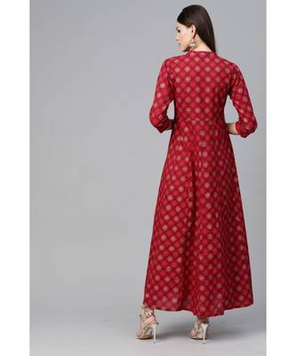 Maroon & Gold Printed Flared Maxi Dress 6