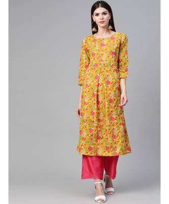 Mustard Floral Printed A-Line Kurta 1
