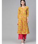 Mustard Floral Printed A-Line Kurta