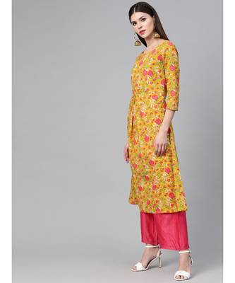 Mustard Floral Printed A-Line Kurta 2