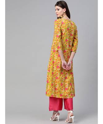 Mustard Floral Printed A-Line Kurta 3