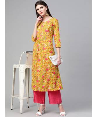Mustard Floral Printed A-Line Kurta 4