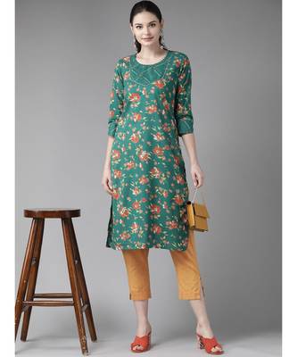 Green Floral Printed Straight Kurta 4