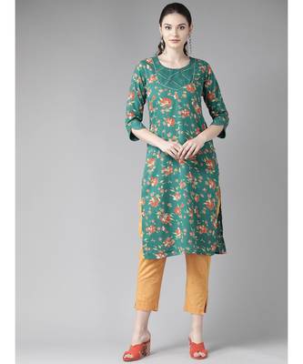 Green Floral Printed Straight Kurta 5