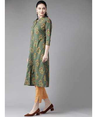Green Floral Printed A-Line Kurta 1