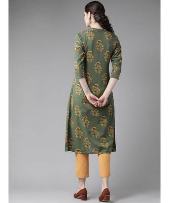 Green Floral Printed A-Line Kurta 3