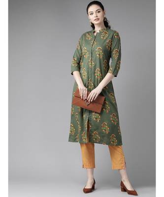 Green Floral Printed A-Line Kurta 4