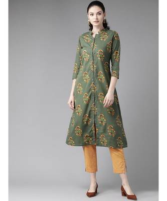 Green Floral Printed A-Line Kurta 5