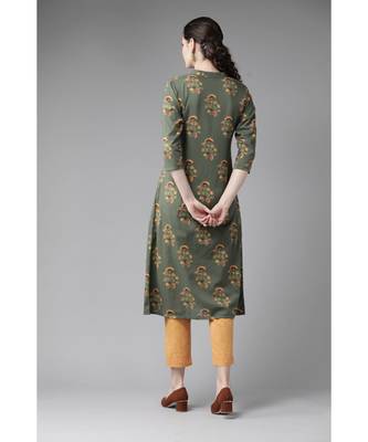 Green Floral Printed A-Line Kurta 6