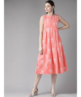 Peach Khari Floral Printed Box Pleated A-Line Dress 1