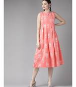 Peach Khari Floral Printed Box Pleated A-Line Dress