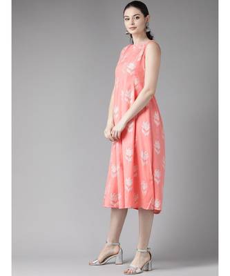 Peach Khari Floral Printed Box Pleated A-Line Dress 3