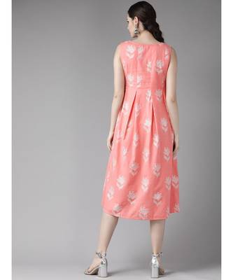 Peach Khari Floral Printed Box Pleated A-Line Dress 4