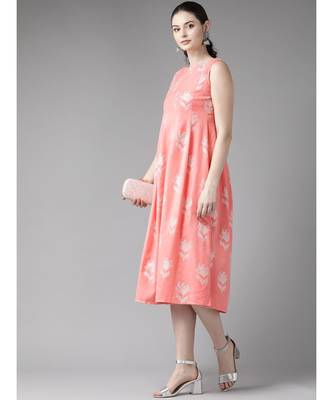 Peach Khari Floral Printed Box Pleated A-Line Dress 5