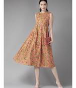 Beige Leheriya Printed Box Pleated A-Line Dress
