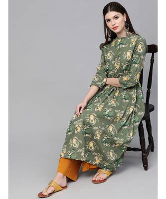 Green Floral Printed A-Line Kurta 2