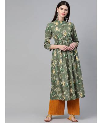 Green Floral Printed A-Line Kurta 1