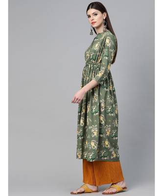 Green Floral Printed A-Line Kurta 4