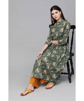 Green Floral Printed A-Line Kurta 5