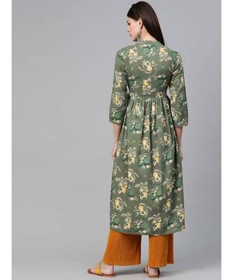 Green Floral Printed A-Line Kurta 6