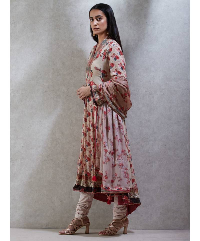 V-Neck with Placket Full Sleeves Kurta With Churidar And Dupatta