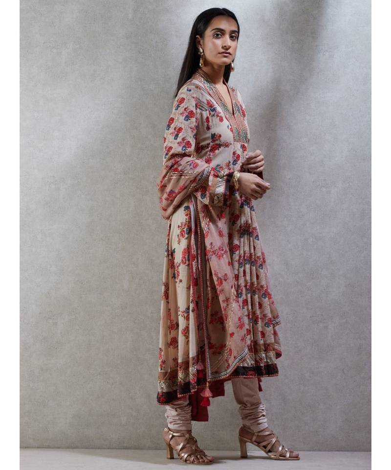 V-Neck with Placket Full Sleeves Kurta With Churidar And Dupatta