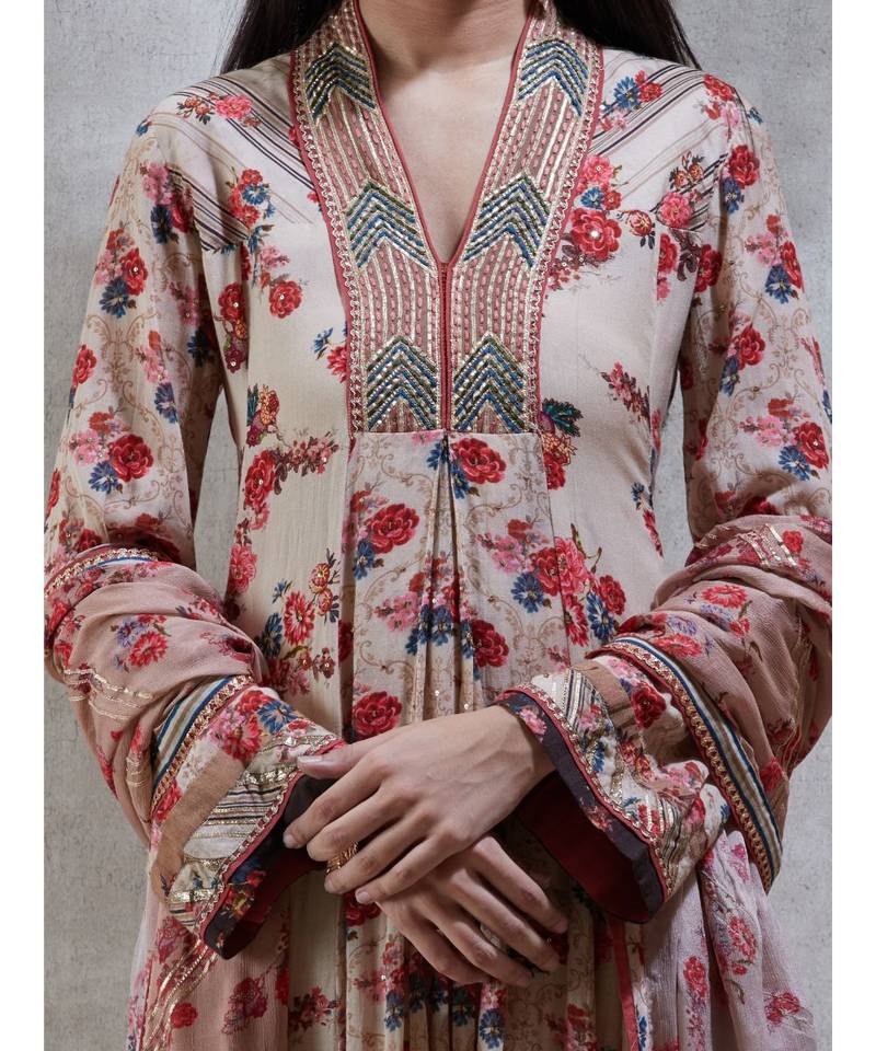 V-Neck with Placket Full Sleeves Kurta With Churidar And Dupatta