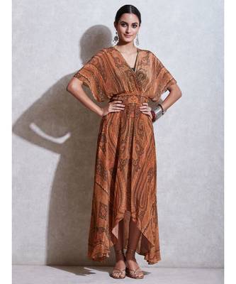 Beige & Olive Green Jamawar Print Kaftan Dress With Inner 1