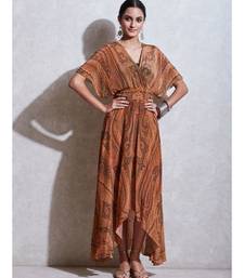 Beige & Olive Green Jamawar Print Kaftan Dress With Inner