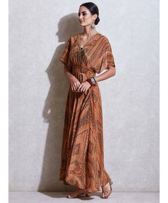 Beige & Olive Green Jamawar Print Kaftan Dress With Inner 2