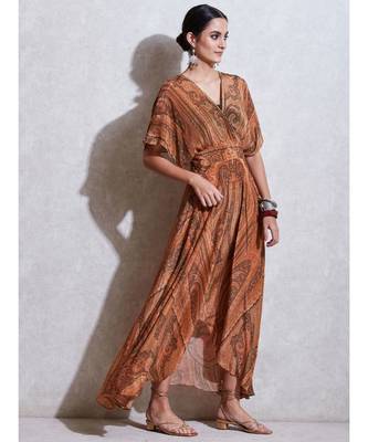 Beige & Olive Green Jamawar Print Kaftan Dress With Inner 3