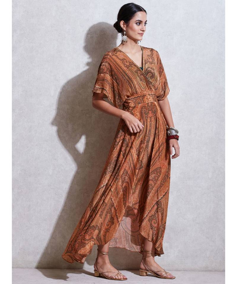 Beige & Olive Green Jamawar Print Kaftan Dress With Inner