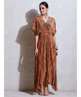 Beige & Olive Green Jamawar Print Kaftan Dress With Inner 4