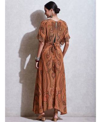 Beige & Olive Green Jamawar Print Kaftan Dress With Inner 5