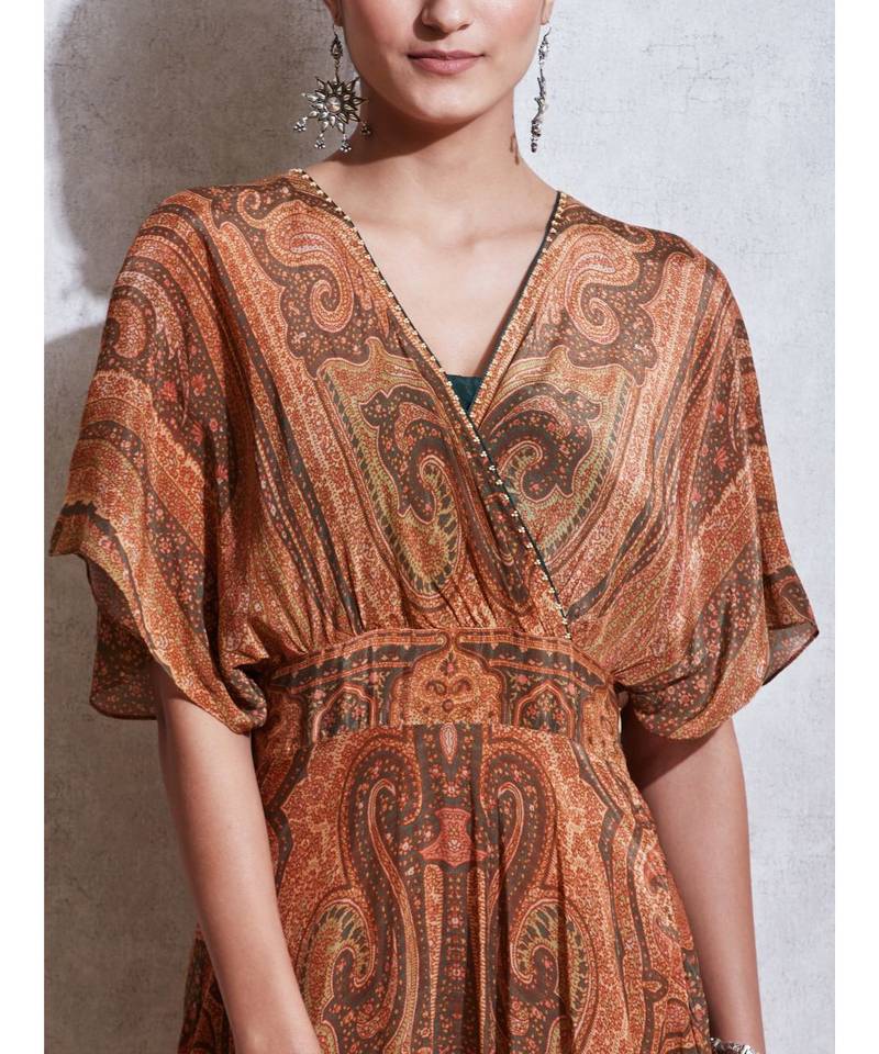 Beige & Olive Green Jamawar Print Kaftan Dress With Inner