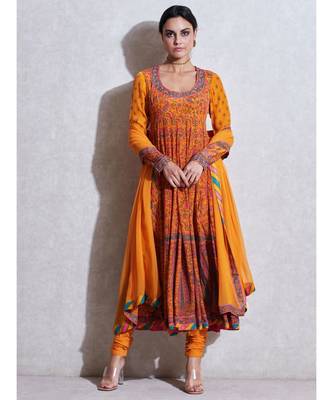 Round Neck Full Sleeves Kurta With Churidar And Dupatta 1