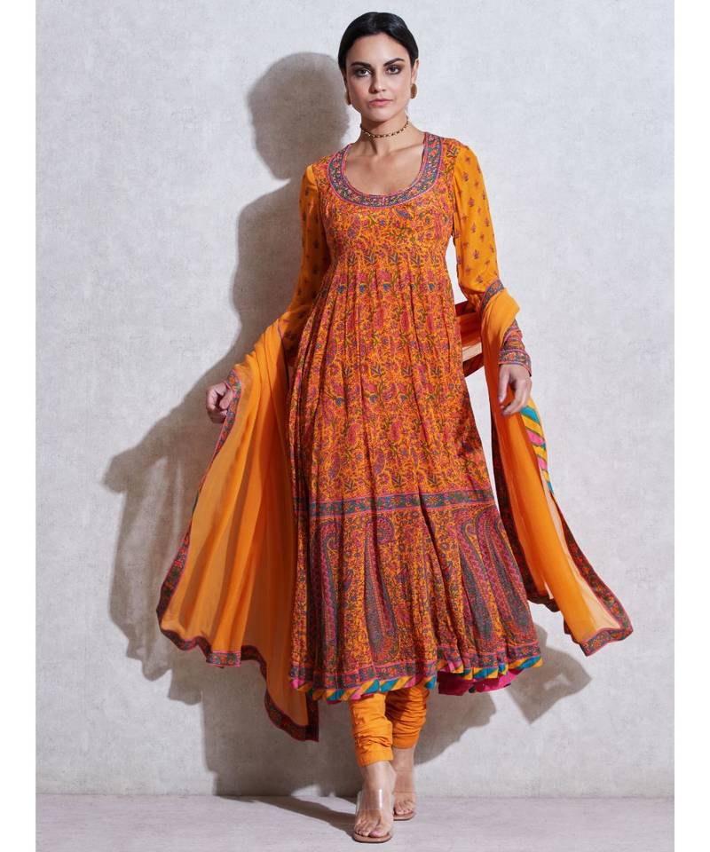 Round Neck Full Sleeves Kurta With Churidar And Dupatta