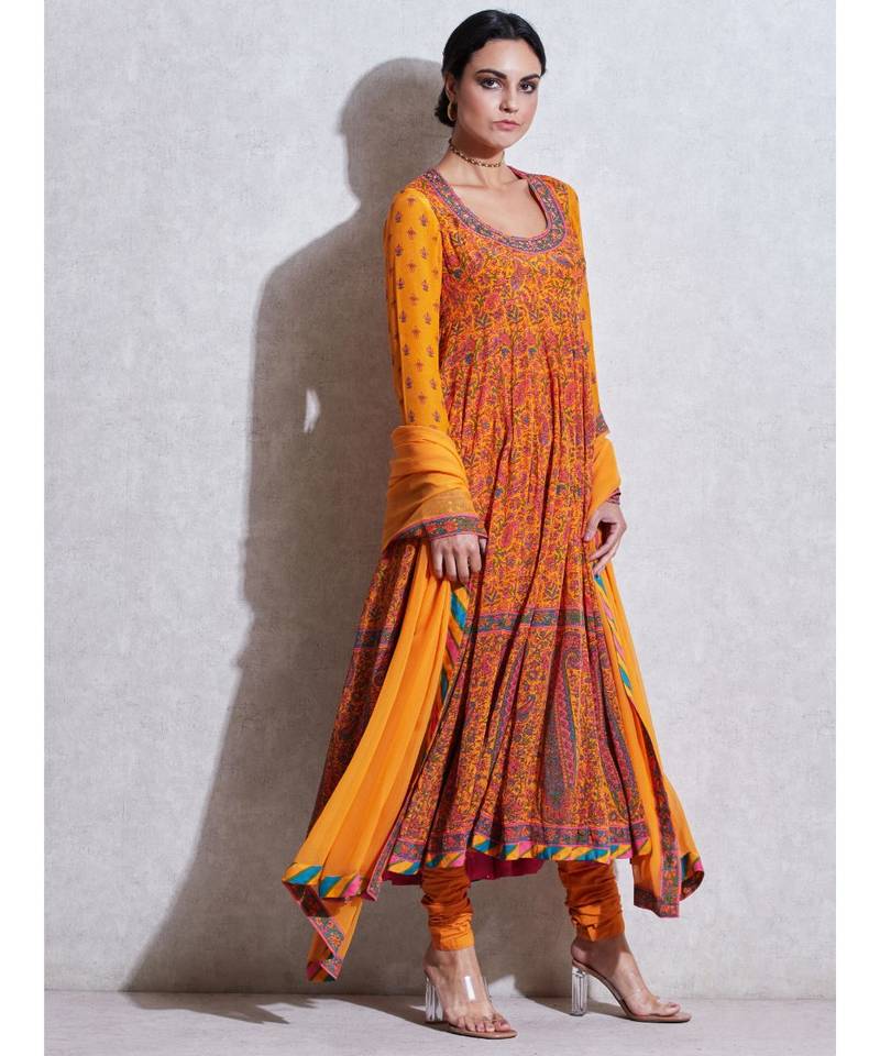 Round Neck Full Sleeves Kurta With Churidar And Dupatta